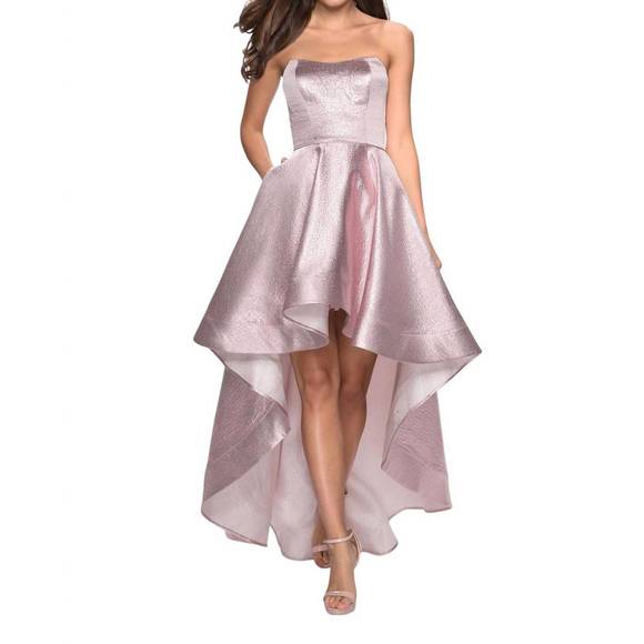 NEW LA FEMME glamorous metallic high low prom dress in pink
